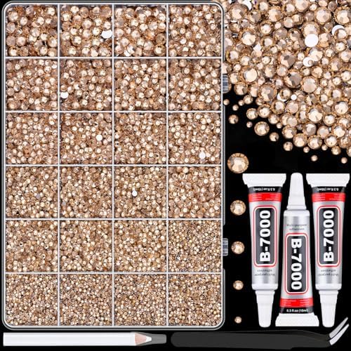 25000Pcs Resin Rhinestones with Tweezers for Crafting, Champagne 2-6mm Mixed Sizes Bedazzling Crystal with 3Pcs 10ml B7000 Jewelry Glue for DIY Crafts Clothing Tumblers Shoes Fabric Nail Art