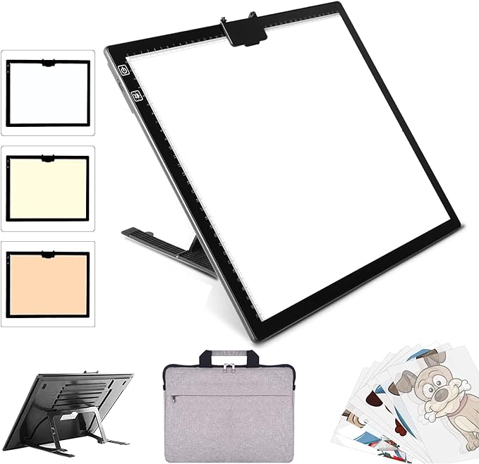 YINGWOND Rechargeable A3 LED Light Pad with Carry Bag, Adjustable Brightness Light Box with 3 Colors, Built-in Stand, 2500mAh Battery, Magnetic Clip, Light Board for Tracing Diamond Painting Sketching