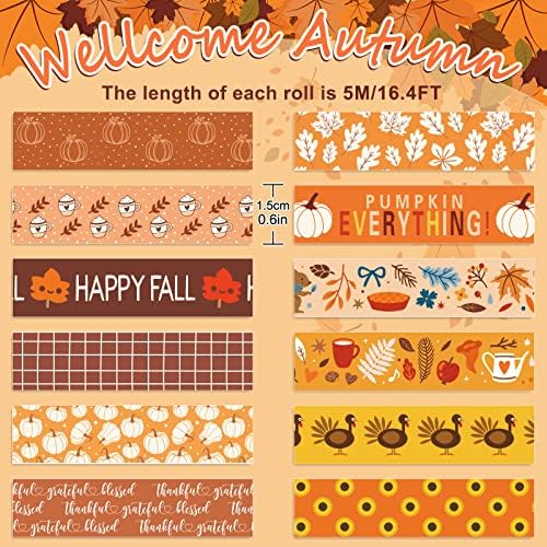 Whaline 12 Rolls Fall Thanksgiving Washi Tapes Assorted Autumn Pattern Decorative Tapes Pumpkin Turkey Dots Masking Tape for Fall Thanksgiving Scrapbook Journal DIY Craft Gift Wrapping, 0.6Inch