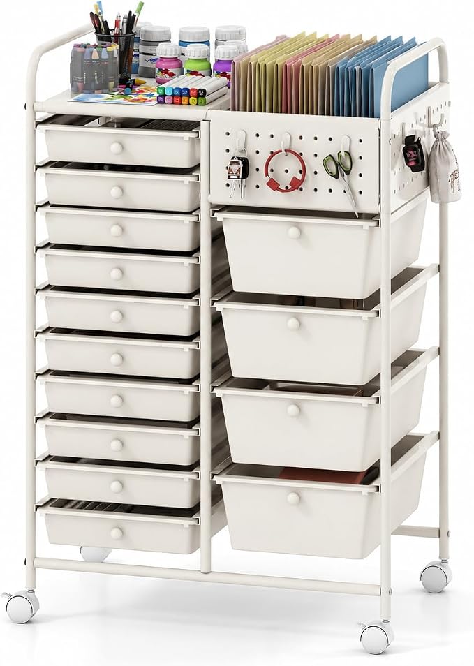 Giantex 14 Drawer Storage Cart, Rolling Craft Cart with Metal Tabletop & Pegboard, Mobile Utility Organizer Trolley with Locking Wheels, Home Office, Ivory