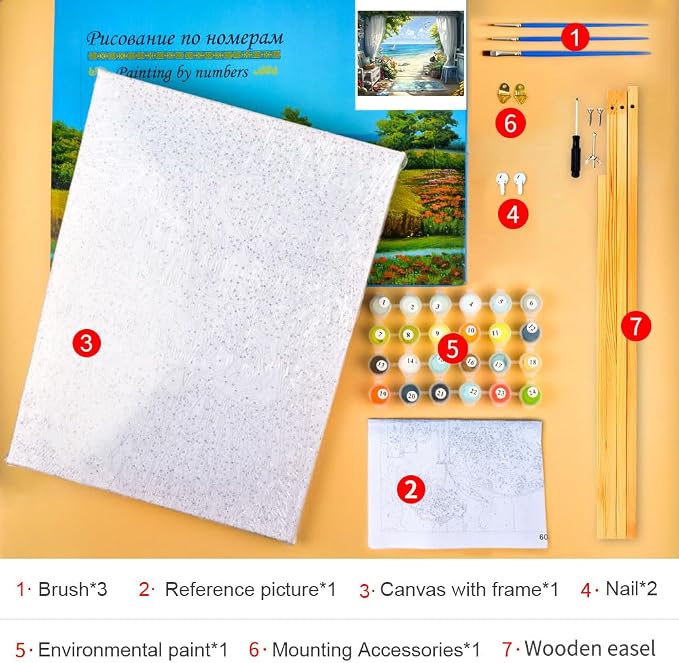 TUMOVO Paint by Numbers Kit for Adults, Adult Paint by Number - Cozy Seaside Cottage with Open Window, Serene Ocean View Landscape Art, Painting by Numbers Canvas, 16x20 Inch(Framed)