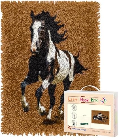 Latch Hook Rug Kit Cute Black and White Wild Horse Running Pre-Printed Handmade Carpet Crochet Yarn Craft DIY Hook and Latch Door Mat Tapestry for Home Floor Decoration 52x38cm-1
