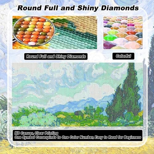 VeGuude Diamond Painting Kits for Adults, Van Gogh Wheat Field with Cypress Diamond Art for Beginner DIY Round 5D Paint with Diamonds Gem Full Drill Diamond Dots for Home Wall Decor Gifts 16x12inch