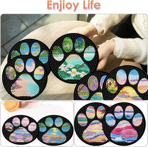ijbnhd Beach Diamond Art Coasters Kit, Dog Paw, 8 PCS, 4X4inch