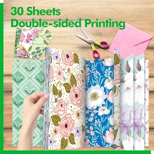 30 Sheets Flowery Pattern Paper Pad, Double-Sided Floral Scrapbook Paper with Vintage Greenery Design, Decorative Scrapbooking Supplies For Card Making, Album, Stamping, Background Decoupage