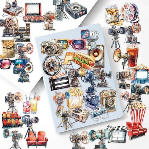 50 Pcs Vintage Movie Projector Stickers Clear Film Camera Retro Cinema Aesthetic Scrapbook Decals Waterproof PET Stickers for Journals Laptops Notebooks Art Crafts