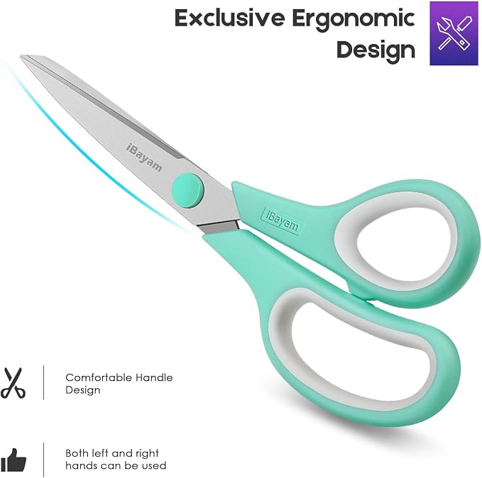 iBayam 8" Heavy Duty Scissors All Purpose for Office School Crafts Sewing | 3-Pack, 2.5mm Ultra Sharp Blades, 100,000+ Cuts, Comfort Grip Handles, Left & Right Handed – Teacher Desk & Classroom Must