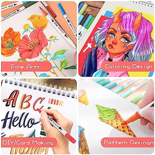 ZSCM 60 Colors Markers for Adult Coloring Books No Bleeding - Duo Tip Pens | Fine & Brush Coloring Marker for Adult Calligraphy, Illustration, Cards Drawing, Note taking Lettering, Journaling
