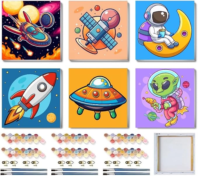 MXCFZX 6 Pack Paint by Numbers Kit for Kids with Frame,Cartoon Rocket Ship Painting Kits for Ages 6-12,Alien Easy DIY Acrylic Paint by Number Kids Paint for Beginner,Perfect for Wall Decor(8X8inch)