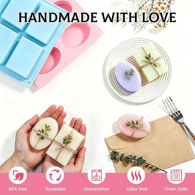 SJ Rectangle & Oval Soap Mold Set, 2-Pack 6-Cavity Silicone Soap Molds | For Soap Making, Wax Melts, Chocolate & Desserts, Food Grade Silicone, Easy Release, Reusable