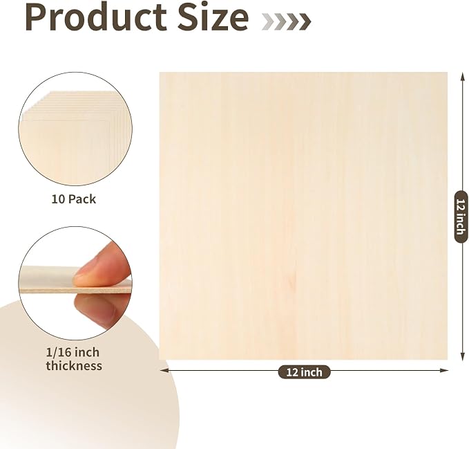 Balsa Wood, Plywood Sheet, Unfinished Basswood Blank, 12×12×1/16 in, 10 Pcs | for Laser Cutting, Engraving, Burning, Crafts, Paint; Smooth and Polished, No Burrs, Wood Craft Supplies