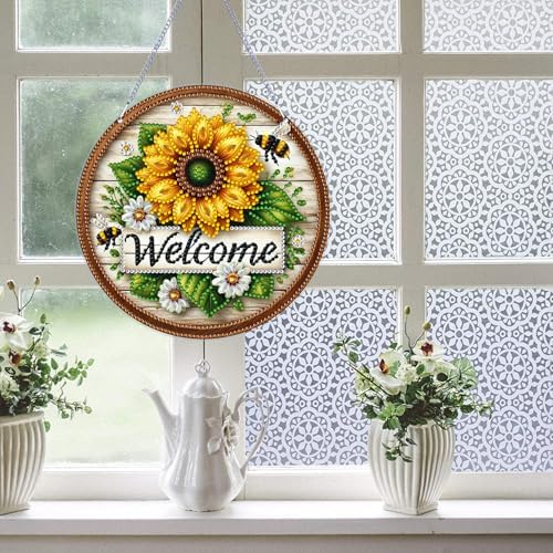 ARPADAMO Hanging Diamonds Art kit for Adult,DIY Sunflower Bee Pendant Diamonds Painting Art Kit, 7.0x7.0 inch Acrylic Diamonds Painting Board Kit Ornament, Special Crystal Diamond Hanging Ornament