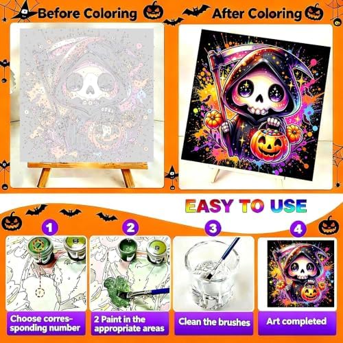Tabszca 4 Pack Halloween Paint by Numbers Kit for Kids with Frame 8x8 Inch