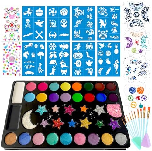 Face Painting Kit, Oil Based Body Paint Waterproof Sweatproof Non-Toxic Facepaint Palette with Brush, Stencil, Sponge, Gem, for Party Halloween 4th of July World Cup (40 Colors Kit for Boys)