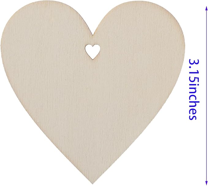 60PCS Unfinished Wood Heart Shape Cutouts with Sling Hole