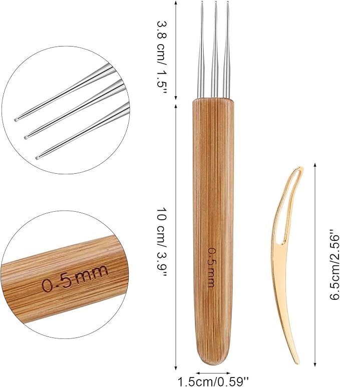 AUGSUN Dreadlock Crochet Hook Tool 0.5mm Hair Crochet Needle for Locs | 3 Dreadlocks Needle, 2 Locking Tool, Bamboo and Stainless Steel, Hair Braid Craft DIY, Dreadlock Locs Weaving Hair Extension