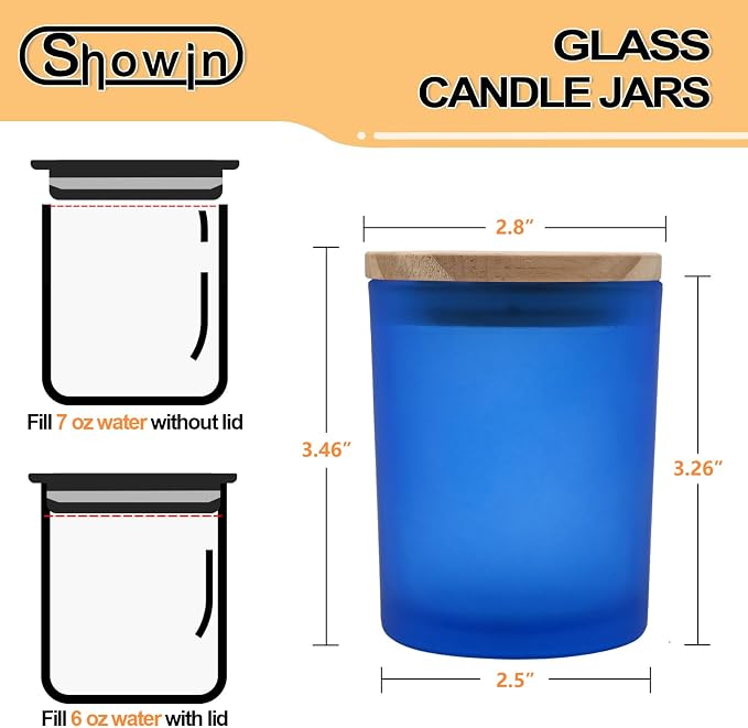 SHOWIN Thick Candle Jars for Making Candles 16 Pcs, 7 OZ Empty Jars with Wood Lids for Candle Making, Sample Container, Frosted Blue