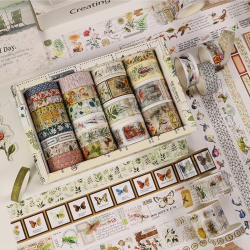 Vintage Washi Tape Set - 24 Rolls Arts Adhesive Tapes Assorted Retro Decorative Masking Tape Sets for Craft, Kids, Scrapbook, DIY, Gift Wrapping (5-Botanical Garden)