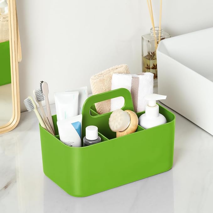 Multiuse Caddy Organizer with Handle, Portable Divided Plastic Tote Bin - Art Craft, Stationary Pen Marker Crayons, Makeup Hair Supplies Storage - Bathroom, Classroom, Dorm, Office, Desk Holder -Green