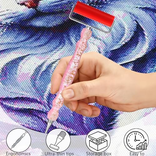 ZYNYXY 17PCS Ergonomic Diamond Art Pen Kits, with Multifunctional Metal Stainless Steel Screw Thin 1, 3, 6, 9, Tips, Correction Placers Roller Accessories (A Purple+ Pink+ Black+ 5 PCS Tips)