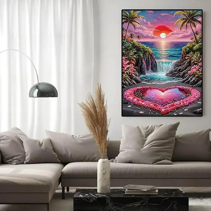 YUXUANKANG Diamond Painting Kit, Tropical Beach Sunset with Waterfall and Heart, Colorful Landscape Art 12x16 inch