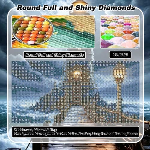 VeGuude Diamond Art Lighthouse Kits for Adults,Dark Night 5D DIY Full Square Drill Diamond Painting Kit,Seaside Storm Scenery Diamond Art Gem Painting for Gift Home Wall Decor (12x16 inch)