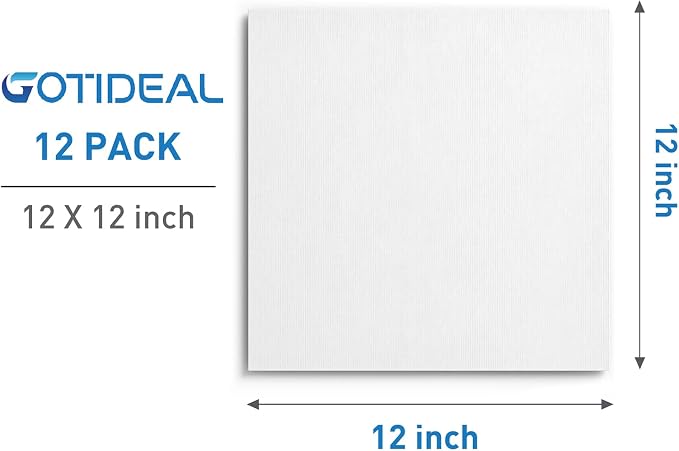 GOTIDEAL Canvases for Painting, 12x12 inch of 12 Pack, 100% Cotton | Professional Primed White Blank Flat Canvas Panels, Artist Canvas Boards for Acrylics Painting, Oil Watercolor Tempera