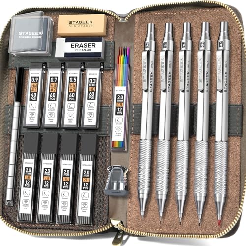 STAGEEK 20Pcs Silver Metal Mechanical Pencil Set with Leather Case | 5PCS Art Drafting Pencils, 0.3, 0.5, 0.7, 0.9, 2.0MM Drawing Pencils, 9 Tube (4B 2B HB 2H Colors) Lead Refills, Erasers