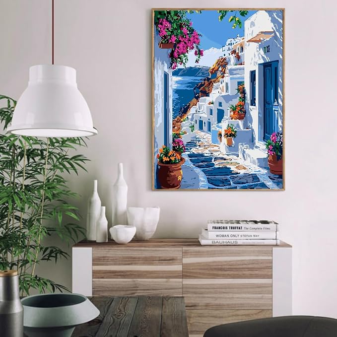 Mrnsiet Paint by Number for Adults Beginners, Easy Seaside Town Paint by Numbers Kits on Canvas, Coastal City Oil Painting Kits Adults' Paint-by-Number Kits for Home Wall Decor 16x20 Inch
