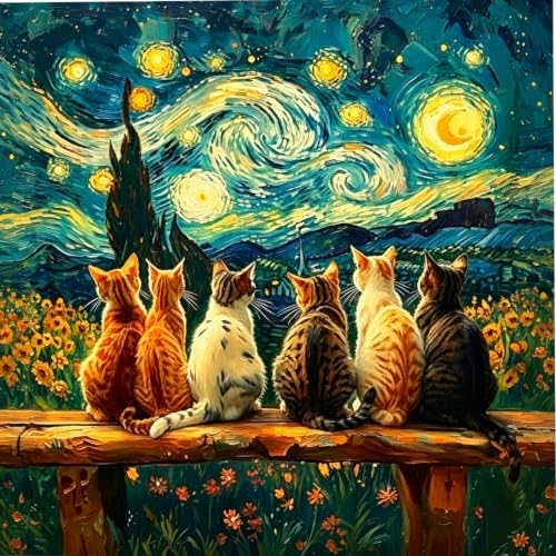 VeGuude Cat Diamond Art Kits for Adults,Full Drill Cat Starry Night Diamond Art Kits for Beginners, DIY Full Rhinestone 5D Diamond dots (Gemstone Craft), Home Wall Decoration (13.7x13.7 inch)