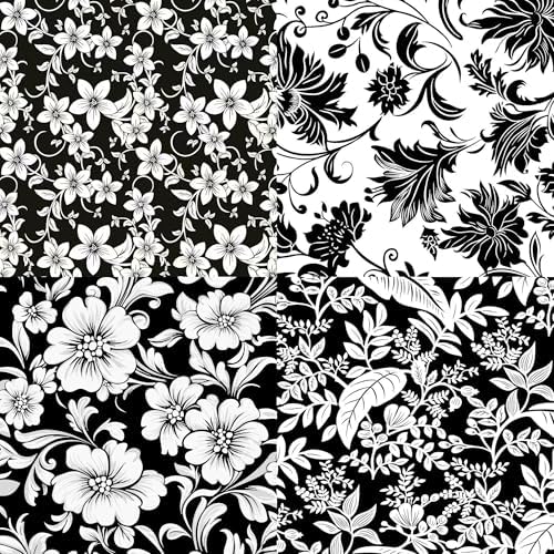 10"x10" 50pcs Cotton Fabric Squares for Sewing Quilting Supplies-B&W Floral