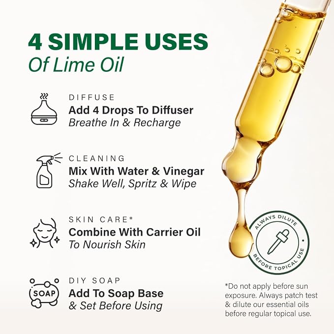 100% Pure Lime Essential Oil 4 Fl Oz - Lime Oil for Hair and Skin | Undiluted Italian Lime Oil for Diffuser, Aromatherapy, Body and Massage Blends - Natural Citrus Aroma, Non-GMO, with Dropper