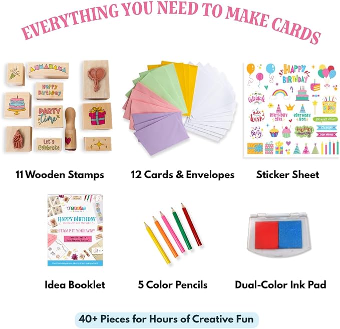 Birthday Card Making Kit -11 Reuseable Wooden Stamps & Ink Pad, 12 Blank Cards with Colorful envelopes, 1 Sheet of Birthday Stickers and 5 Color Pencils Ages 4+