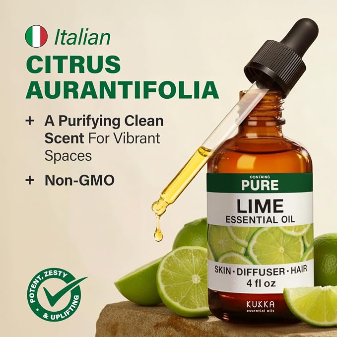 100% Pure Lime Essential Oil 4 Fl Oz - Lime Oil for Hair and Skin | Undiluted Italian Lime Oil for Diffuser, Aromatherapy, Body and Massage Blends - Natural Citrus Aroma, Non-GMO, with Dropper