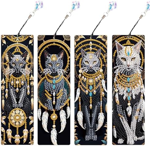 4-Piece Dreamcatcher Cat Diamond Painting Bookmarks Set for Adults – DIY 5D Rhinestone Art Bookmark Kits with Tassels, Beautiful Diamond Art Bookmarks for Crafts and Gifts