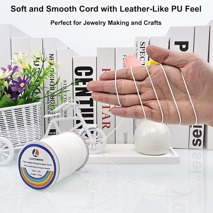 LUSTEMBER 1mm Faux Leather Waxed Cotton Cord, 175 Yards – Durable Necklace String, Soft and Textured Cord for Necklaces, Bracelets, and Jewelry Making