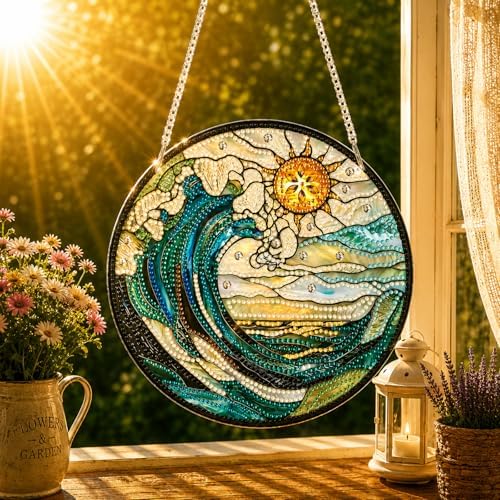 HMZephitiquc Beach Diamond Art Window Suncatchers, Special Shaped Crystal Diamond Painting Hanging, 5D Gem Art for Adults, Sun Catchers Indoor Window DIY Crafts for Gift Home Decor