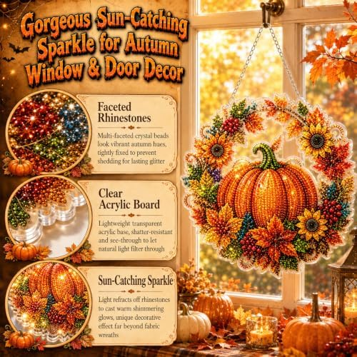 Autumn Harvest Pumpkin Diamond Art Hanging Ornament Kit, Halloween Diamond Art Hanging Kits, DIY Diamond Art Hanging Sign, Acrylic Diamond Painting Window Hanging Decor for Home, Garden,Porch,Mantel