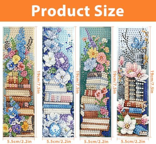 Mandun 4 Pcs Book Diamond Painting Bookmark Kits, Special Shaped Diamond Art Bookmarks with Pendant, DIY Flower Diamond Art Bookmarks with Tassels Crafts Gifts Supplies