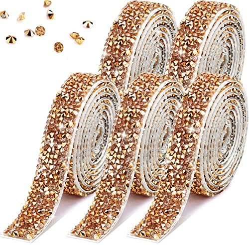 Xinnun 5 Rolls Rhinestone Ribbon,Champagne Rose Gold,0.59 Inch,Basic Style