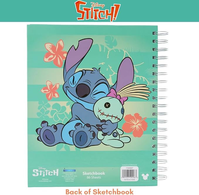 Disney Stitch Sketchbook for Kids with Washable Markers, 86 Blank Pages Spiral Bound, Turquoise