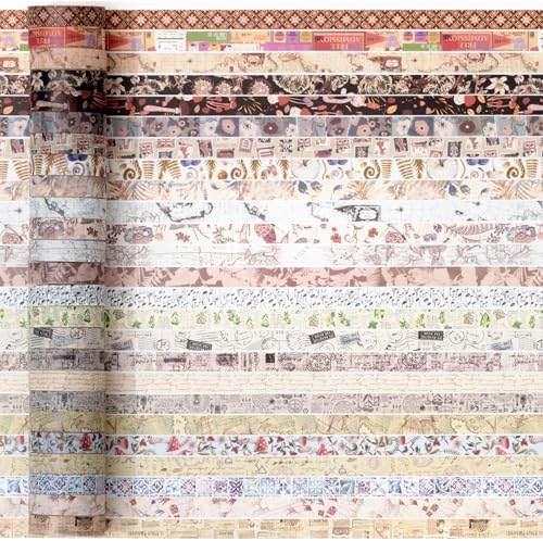 YUBBAEX Vintage Washi Tape Pack 50 Rolls Retro Printed Masking Tape Antique Patterns Decorative for Arts, DIY Crafts, Journal Supplies, Planners, Scrapbook, Card/Gift Wrapping