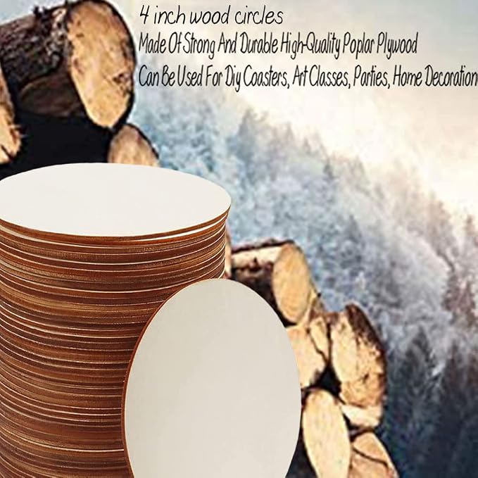 50Pcs 4 Inch Wood Circles for Crafts, Unfinished Round Disc Cutouts