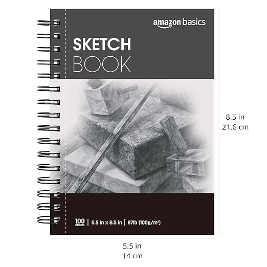 Amazon Basics Sketch Pad for Artists, Drawing Paper, Spiral Bound, Acid Free, 67 lb. / 100 gsm, 100 Sheets, 5.5"x8.5", White