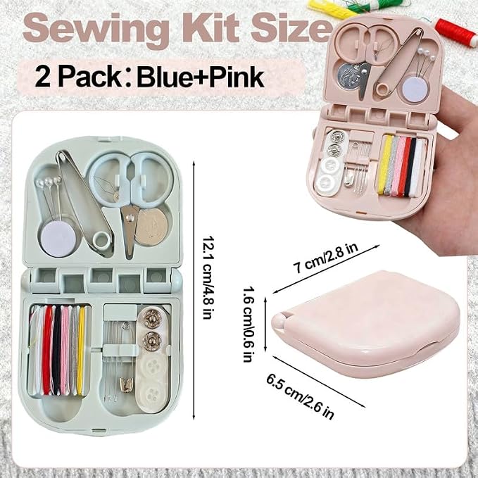 Reroon 2 Pack Mini Travel Sewing Kit for Adult & Kid | Portable Sewing Box Kit Bulk | Small Emergency Repair Set with Thread Scissors Needle for Travel, Beginner DIY Handcraft | Pink + Blue