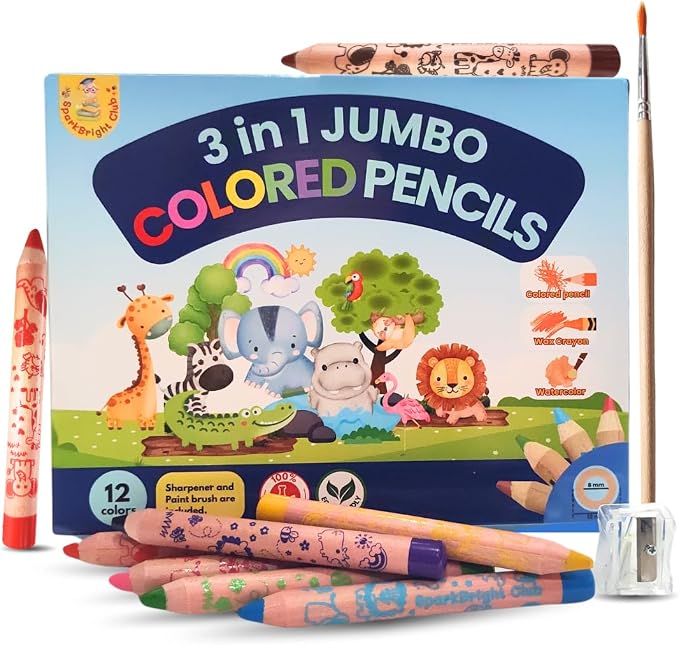 Sparkbright Club Jumbo Colored Pencils for Toddlers Ages 2-4 - 3-in-1 Wooden Pencil, Crayon & Watercolor | 12 Non-Toxic Colors, Break-Resistant 8mm Core, Easy-Grip for Kids & Preschool, Pre-Sharpened