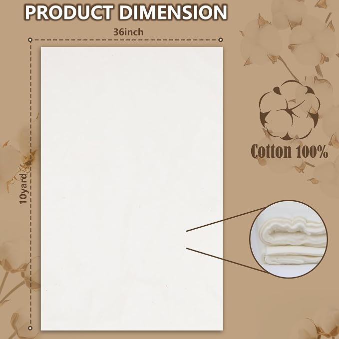 RRKTP Natural Cotton Batting for Quilting,36" x 10 Yards Batting for Quilts, Microwave Safe for Bowl Cozies,Cotton Lightweight Lining for Potholders Quilting, Batting for Sewing Handmade Quilts&DIY
