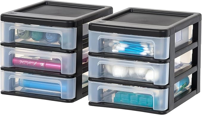 IRIS USA 2-Pack, 3-Drawer Small Plastic Stacking Desktop Organizer, Black