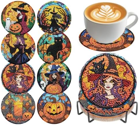 Halloween Diamond Art Coasters Kit, 8 Pieces Diamond Painting Coasters Kit