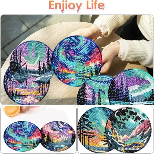 ijbnhd 8 Pcs Aurora Diamond Art Coasters Kits Landscape 4x4 inch